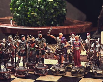 Personalisierte Carthage vs Rom Schachset, alte Geschichte Figuren, handbemalte Stücke, Samtbox