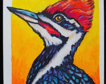 Original ACEO Painting – Bird Series - Woodpecker, Pop Art Miniature
