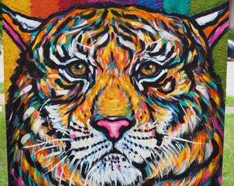 Original 34 x 20 Acrylic Tiger Painting on Cradled Wood Panel