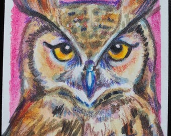 Original ACEO Painting – Bird Series - Horned Owl Portrait, Pop Art Miniature
