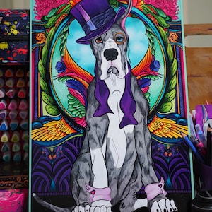 May include: A colorful illustration of a Great Dane wearing a purple top hat, bow tie, and spats. The dog is set against a vibrant, ornate background with floral and wing-like elements. The artwork is framed with a teal border.