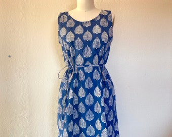 SALE Sz S Iris cotton dress- blue block print