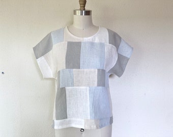Sz S Linen patchwork shirt- white/ gray