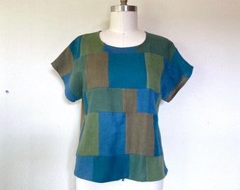 Sz L Linen patchwork shirt- green/ blue