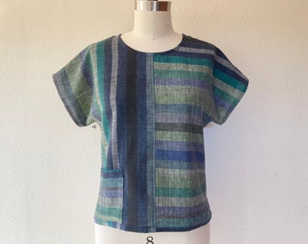 Donna Striped boxy top- blue green cotton