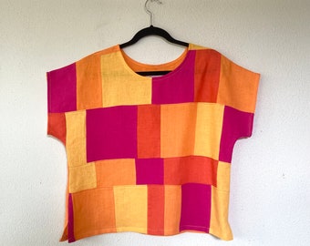 Sz M Linen patchwork shirt- pink/orange/yellow