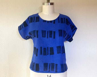 Dominoes block printed linen tee- Ultramarine