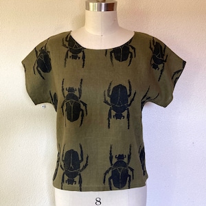 Beetle block print linen tee- Olive