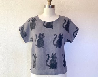 T-shirt en lin à imprimé chat - gris