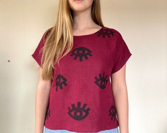 Eye block print linen tee- Beet Red