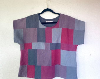 Chemise patchwork en lin Sz L - gris/violet/rouge