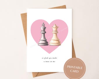 Grappige schattige schaakliefhebber Valentijnsdagkaart, romantische schaakmat koning koningin Valentijnsgroet, digitale download Valentijnsdag briefpapier cadeau