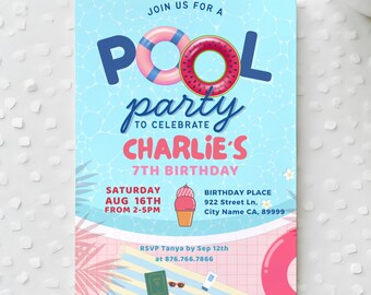 Pool Party Invitation Template: Editable Summer Birthday Invite (Digital Download, 5x7 in Card Template)