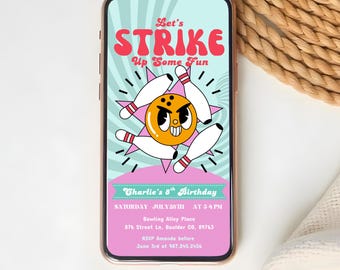 Retro Bowling Birthday Invitation Template: Editable Kids Party Invite (Digital Download)