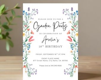 May include: White invitation card with floral border. The text reads "Garden Party" in elegant script, celebrating Amelia's 18th birthday. Includes event details: date, time, and location. Features colorful watercolor flowers.