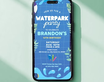 Sjabloon verjaardagsuitnodiging waterpark: bewerkbare Splash Party eVite (digitale download)