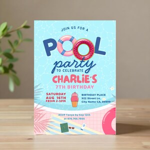 Pool Party Invitation Template Pastel Colors Editable Summer Birthday Invite for Kids or Teens Digital Download Printable Splash Party Evite