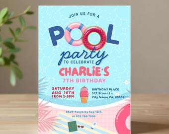 Pool Party Invitation Template: Editable Summer Birthday Invite (Digital Download, 5x7 in Card Template)