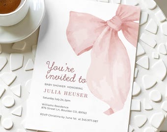 Blush Pink Bow Baby Shower Invitation Template Editable Moddern Baby Girl Shower Invite Elegant Pink Baby Shower Invitation Instant Download