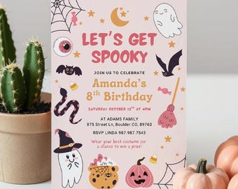 Cute Ghost Pink Spooky Halloween Birthday Invitation Template, Cute Ghosts Invite Editable Halloween Tween Spooly Party Invite For Girls