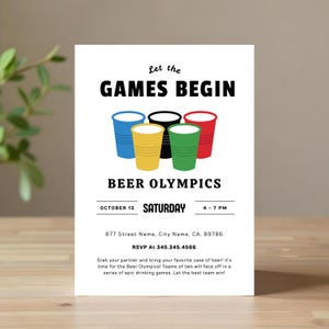 Könnte beinhalten: Weiße Einladungskarte mit dem Text "Let the Games Begin" und "Beer Olympics". Die Karte zeigt farbenfrohe Bierbecher-Illustrationen. Details umfassen Datum, Uhrzeit und RSVP-Informationen.