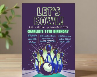 May include: Purple invitation with neon green text that reads "Let's Bowl!" and "Charles's 11th Birthday". The invitation includes details for a bowling party, including the date, time, location, and RSVP information.