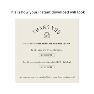 Puede incluir: Una plantilla de invitaci&oacute;n digital con las palabras "THANK YOU" en una fuente elegante. La plantilla incluye instrucciones para editar una tarjeta de 12,7 cm x 17,8 cm y una invitaci&oacute;n m&oacute;vil. El texto "CLICK HERE" aparece en dos botones.