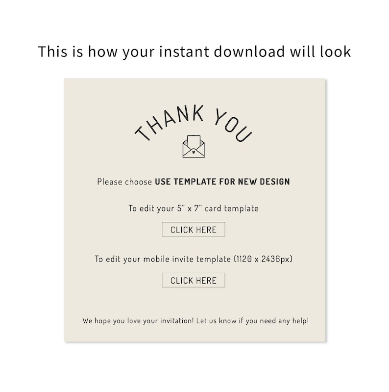 Puede incluir: Una plantilla de invitaci&oacute;n digital con las palabras "THANK YOU" en una fuente elegante. La plantilla incluye instrucciones para editar una tarjeta de 12,7 cm x 17,8 cm y una invitaci&oacute;n m&oacute;vil. El texto "CLICK HERE" aparece en dos botones.