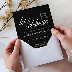 Black Let's Celebrate Invitation Template Editable 60th, 50th, 40th Birthday Invite For Adult's Birthday Party Surprise Birthday Modern