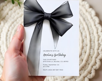 Faire-part d'anniversaire élégant avec un noeud noir : fête coquette minimaliste (5 x 7 pouces, téléchargement numérique, modèle modifiable)