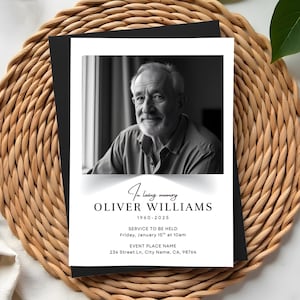 May include: A black and white memorial card featuring a portrait of a man. The text reads "In loving memory, Oliver Williams, 1960-2025." Additional text includes service details and an event location.