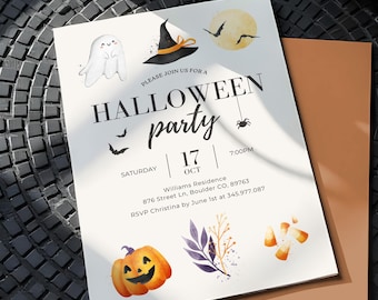 May include: Halloween party invitation with watercolor illustrations of a ghost, witch hat, bats, moon, spider, pumpkin, and candy corn. The invitation includes the date, time, and location.