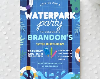 Sjabloon verjaardagsuitnodiging waterpark: bewerkbare Splash Party eVite (digitale download)