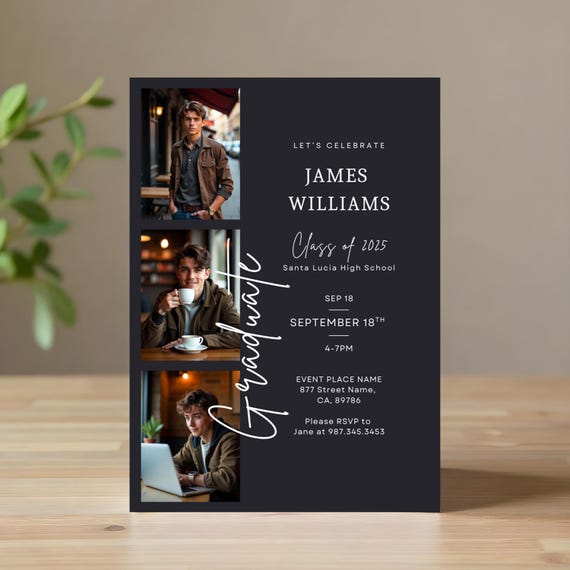 Modern Black Graduation Invitation Template with Photo (Digital Download)