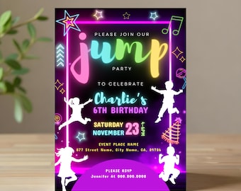 May include: A party invitation with a black background and neon accents. The invitation reads "Please Join Our Jump Party" and celebrates "Charlie's 6th Birthday" on November 23rd. Silhouettes of children jumping are featured.