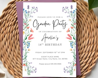 May include: A white invitation with a purple border, featuring floral illustrations and the text "Garden Party" for Amelia's 18th birthday. The invitation includes event details and a contact number. The invitation is on a woven background.