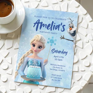 BEVROREN uitnodiging Elsa Holding verjaardagstaart uitnodiging sjabloon wintersneeuw verjaardagsuitnodiging afdrukbare bewerkbare Instant Download met Olaf