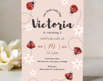 Ladybug Birthday Party Invitation Template Cute Printable Girl 1st, 2nd Toddler Birthday Invite Lady bug  Editable Instant Download Invite