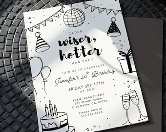 Plantilla de invitación divertida para fiesta de cumpleaños: Más viejo, más sabio, más atractivo (Descarga digital, plantilla de tarjeta de 13 x 18 cm)