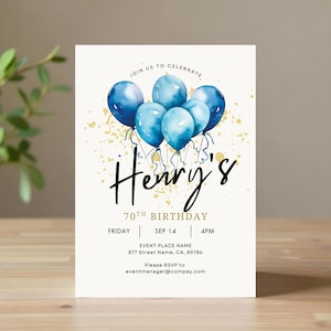 Modèle d'invitation d'anniversaire pour homme adulte, ballons, invitation imprimable pour homme, fête d'anniversaire, modèle modifiable, invitation pour homme à imprimer