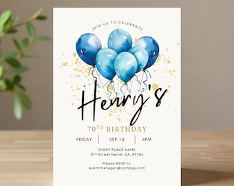 Men's Birthday Invitation Template: Blue Balloons (Printable Digital Download)