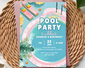 Retro Pool Party Invitation Template: Editable Summer Birthday Invite (5x7 in, Digital Download)