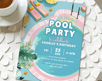 Retro Pool Party Birthday Invitation Template (Digital Download)