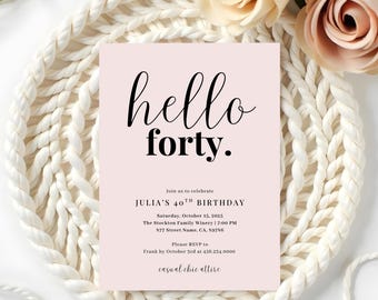 Blush Birthday Invitation Template: Minimalist Hello Forty Design (Digital Download)