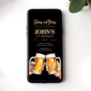 Cheers And Beers Man Birthday Invitation Template Editable Men&#39;s Birthday Party Invite Text Digital Beer Themed Party For Men Bday Black