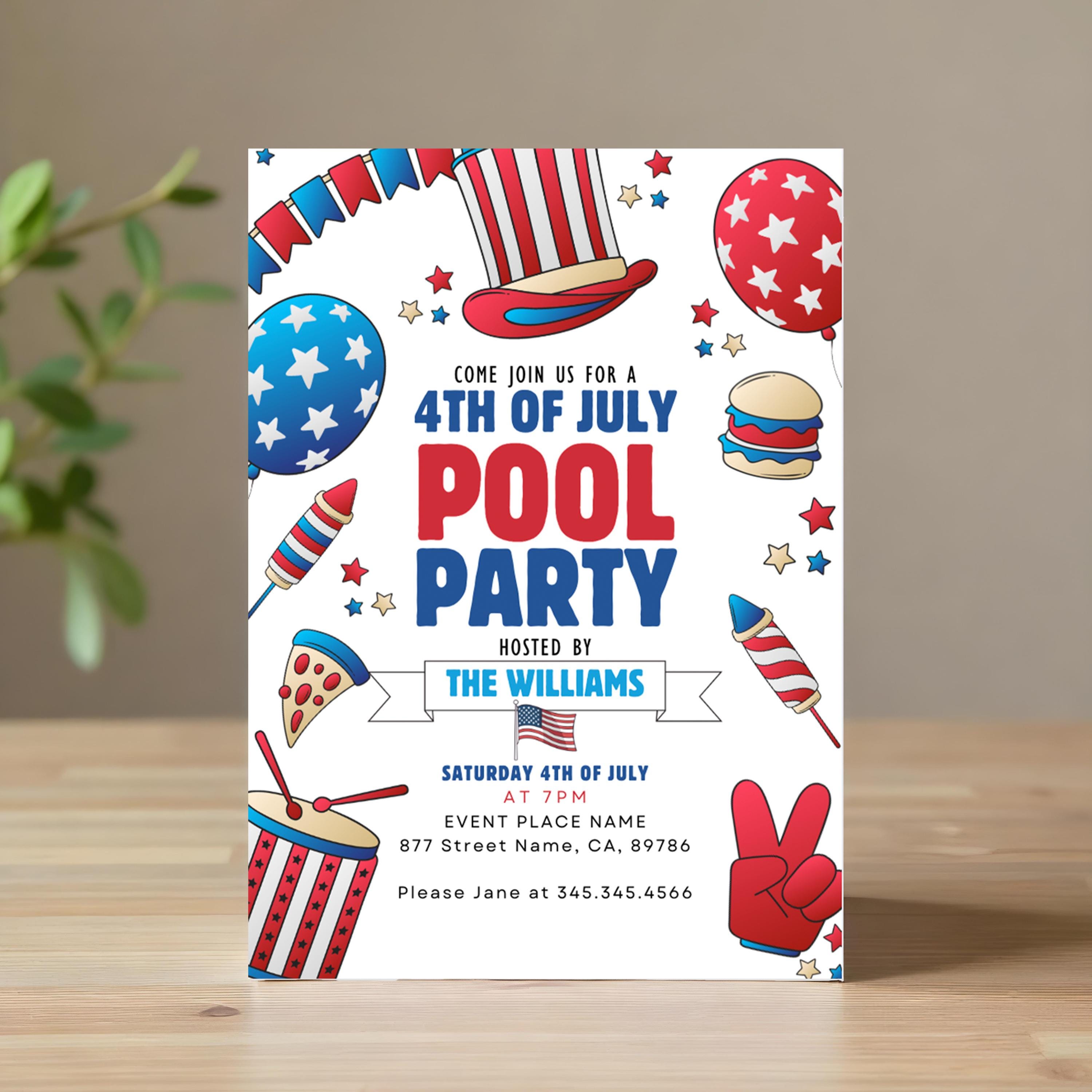 4th of July Pool Party Invitation Template Editable Fourth of July Pool Party Invite Patriotic Independence Day Summer Evite Printable Cool