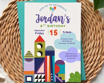 Plantilla de invitación de cumpleaños para parque infantil, editable, para fiesta de juegos infantiles en interiores, para niñas, gimnasio de jungla, invitación para saltar - Plantilla Canva instantánea