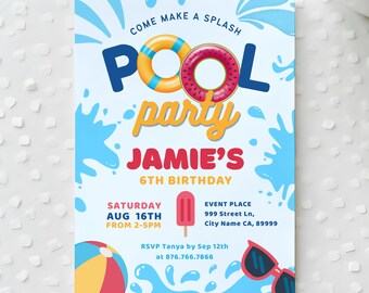Pool Party Invitation Template: Editable Photo, Printable Invite (5x7 in Card) (Digital Download)