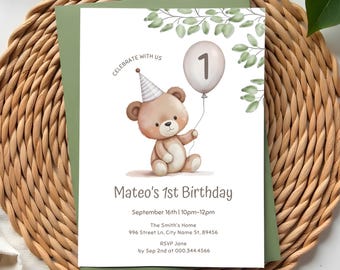 Modelo de convite fofo de ursinho de pelúcia para primeiro aniversário, convite para menino de 1 ano, estilo boho, editável, download instantâneo