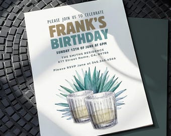 May include: A birthday invitation with the text "FRANK'S BIRTHDAY" in brown and blue. The invitation includes details like the date, time, and location. It features watercolor illustrations of agave plants and two glasses with a yellow liquid.